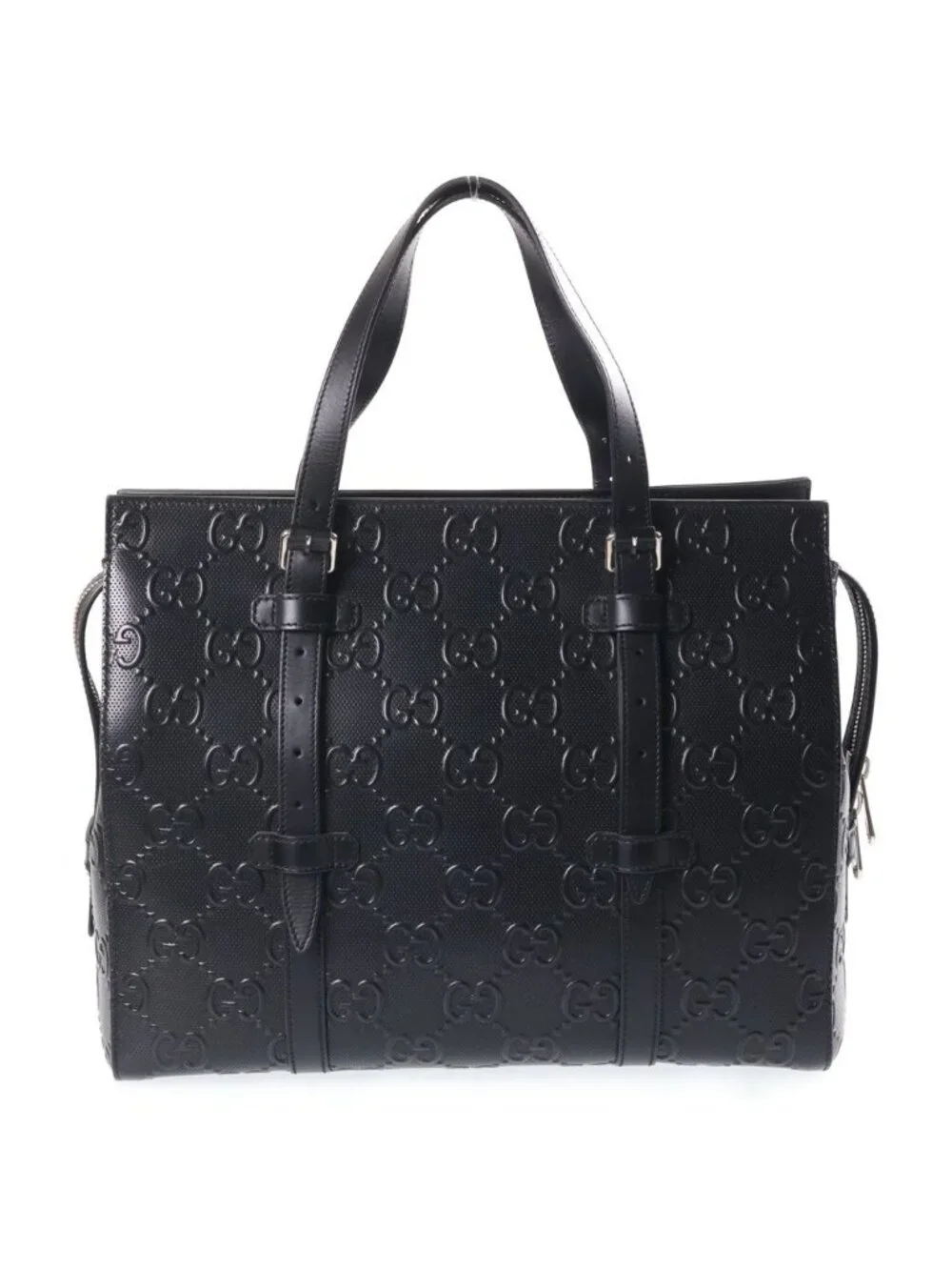 Gucci GG Embossed Leather Hand Tote Bag Silver Black